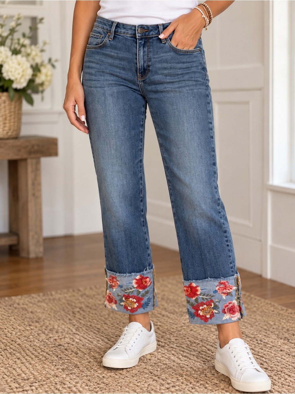 DRIFTWOOD Blue Cropped Jeans with Red Floral Embroidered Cuffs